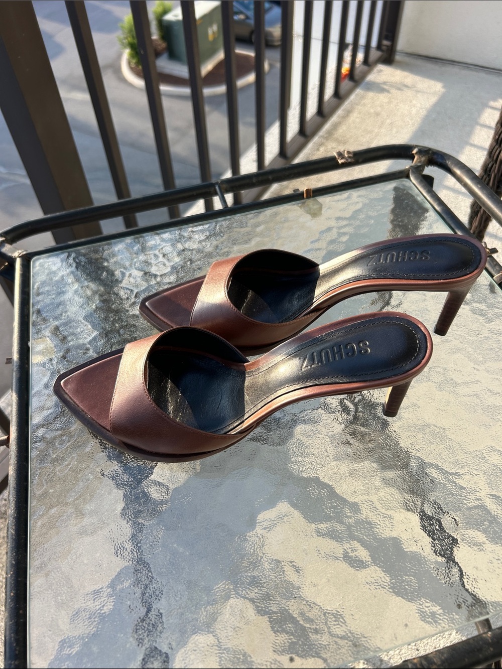 Schutz “Elise” Brown Leather Pointed Toe Mule Heels - Picture 4 of 10
